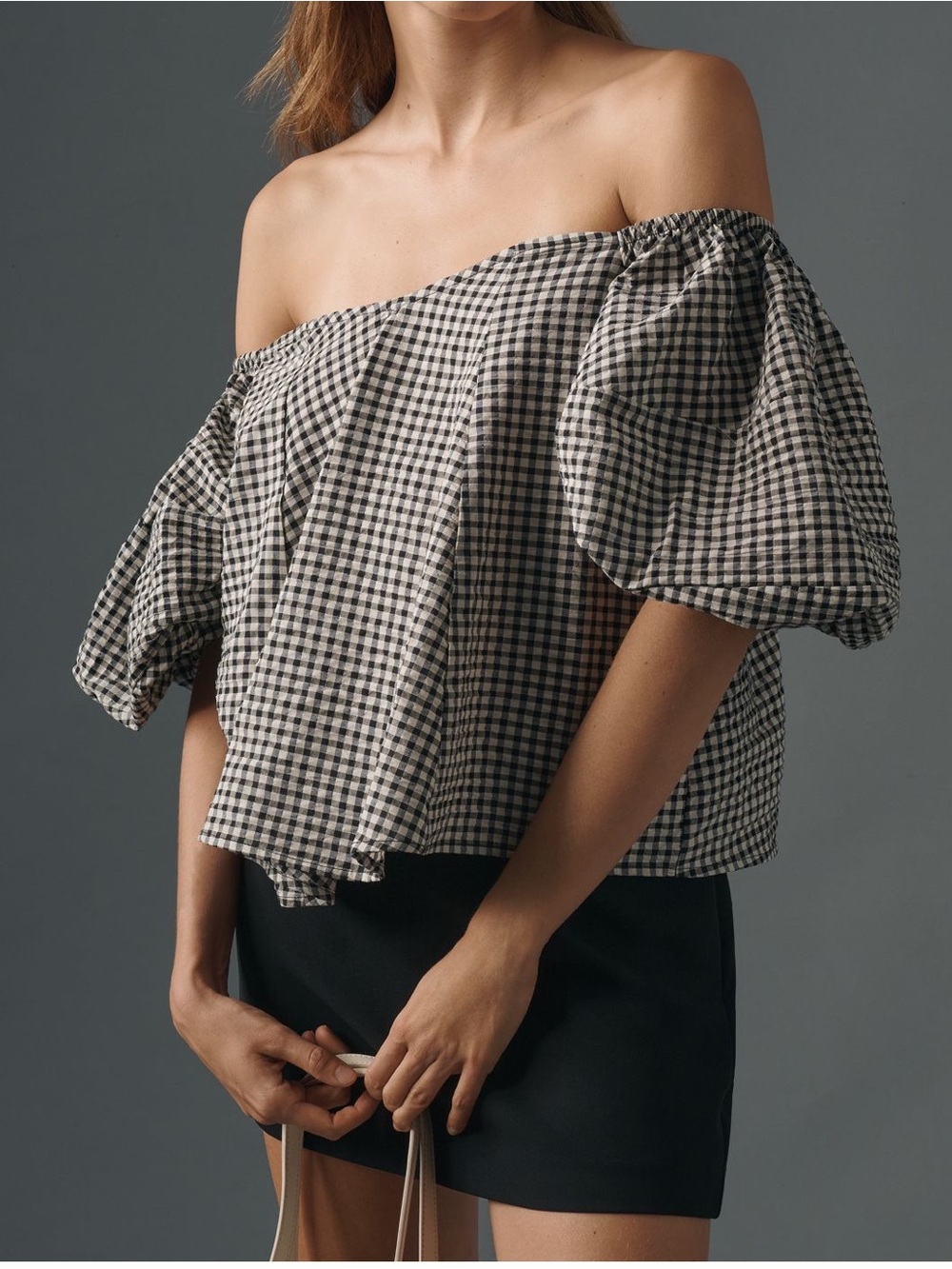 Anthropologie MAEVE Black and Cream Gingham Off-Shoulder Puff Sleeve Top